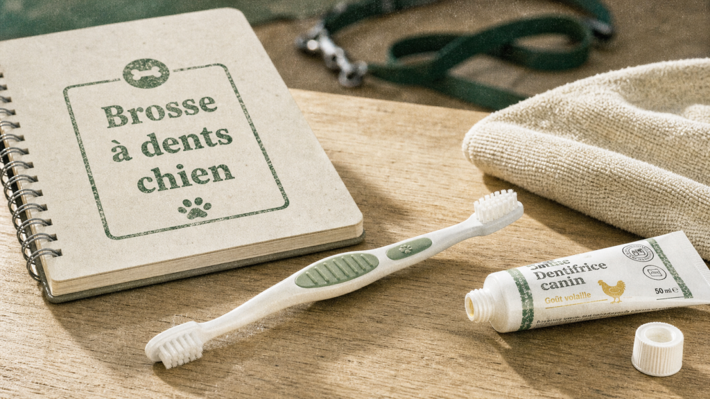 brosse a dent chien à double embout et poils doux sur plan de cuisine