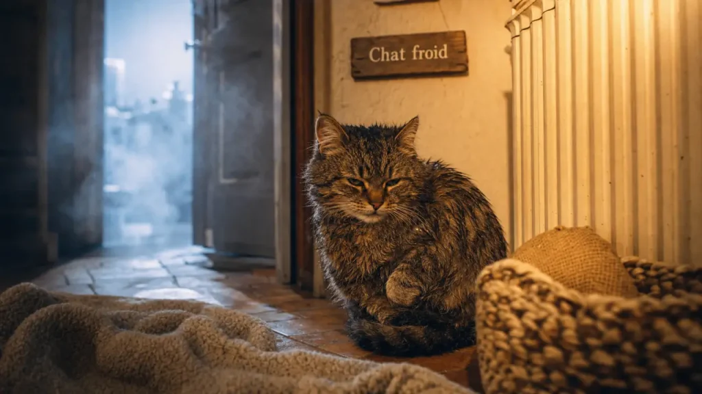 Chat froid : chat près du radiateur, recroquevillé