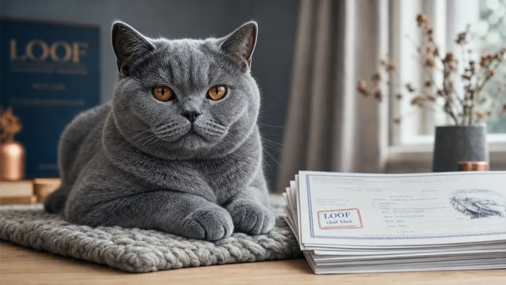 Chat gris race : robe bleue, 5 indices