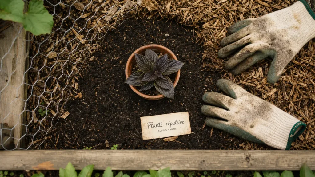 Chat et plante répulsive : bac de terre et plante Coleus canina