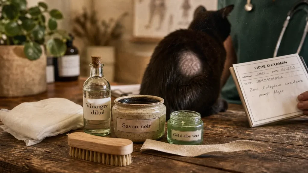 Chat teigne traitement naturel : vinaigre de cidre et savon noir sur table