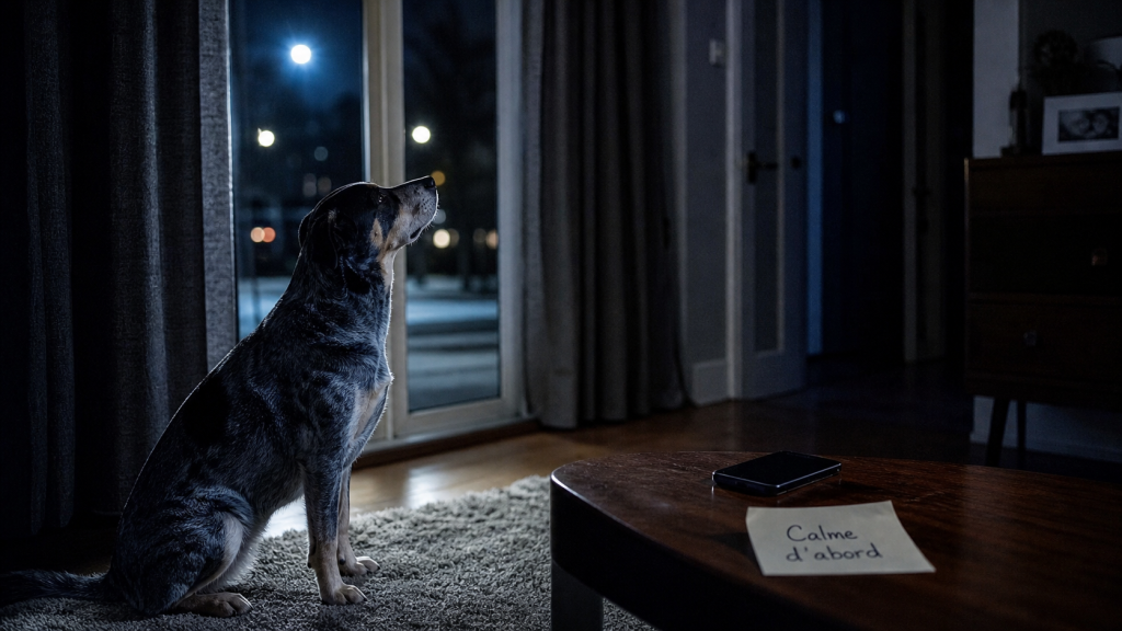 Chien aboie la nuit, écoute près d’une porte-fenêtre, ambiance calme