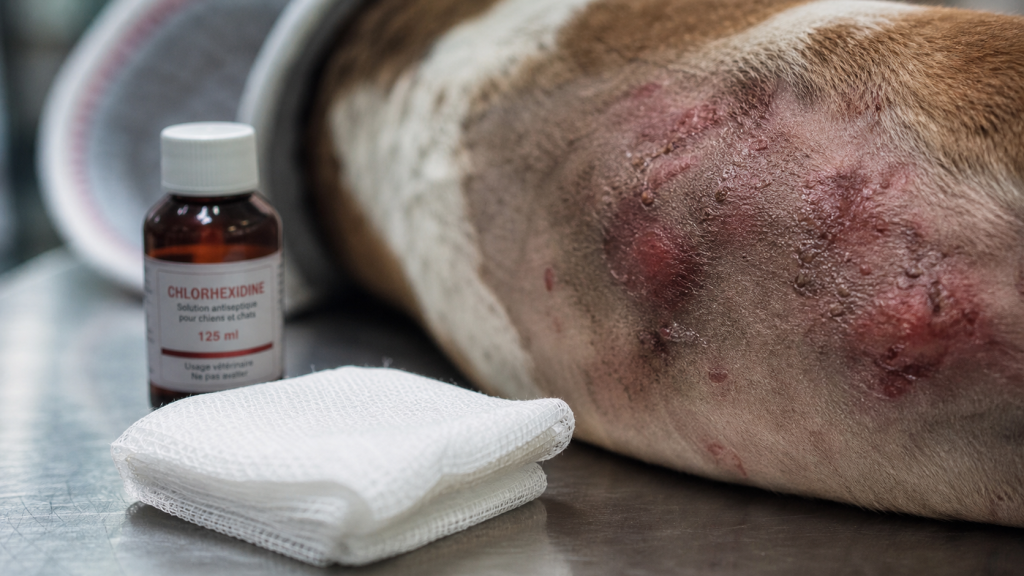 Chien hotspot : plaie rouge, humide et douloureuse