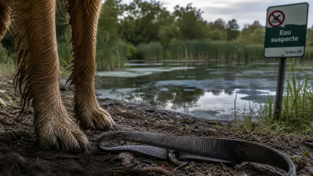 Cyanobactéries chien : eau suspecte bleu-vert près de la berge