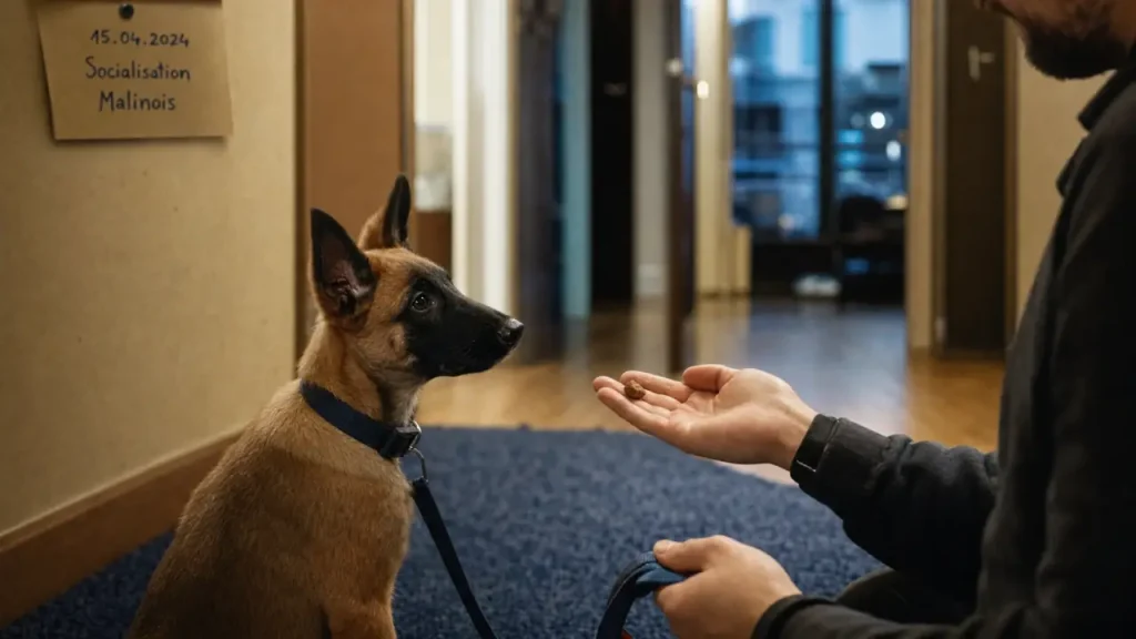 Dressage malinois : chiot en socialisation avec éducateur et friandise