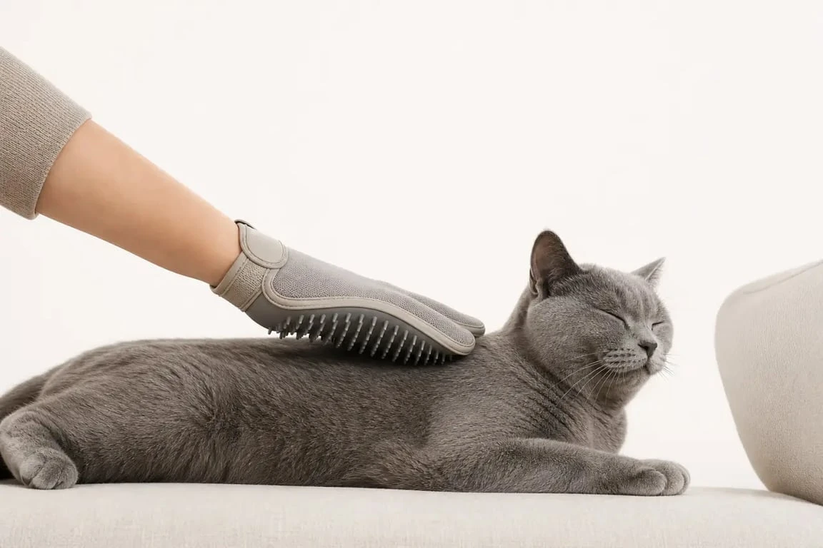 Gant chat utilisé pour brosser un chat calme à poil court sur un canapé