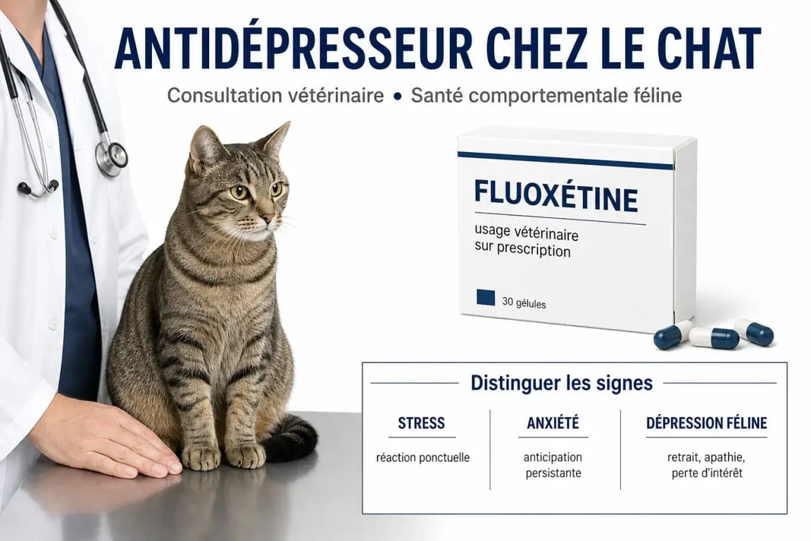 Antidépresseur chat : illustration éditoriale d’une consultation vétérinaire avec distinctions entre stress, anxiété et dépression féline