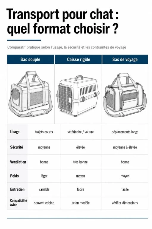 Sac pour chat : comparatif visuel entre sac souple, caisse rigide et sac de voyage