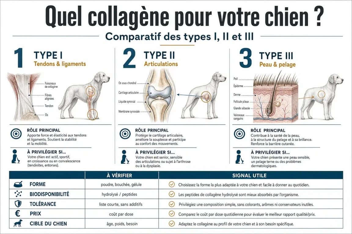 Infographie sur le meilleur collagène pour chien : types I, II et III, critères de choix et usages articulations, peau et pelage