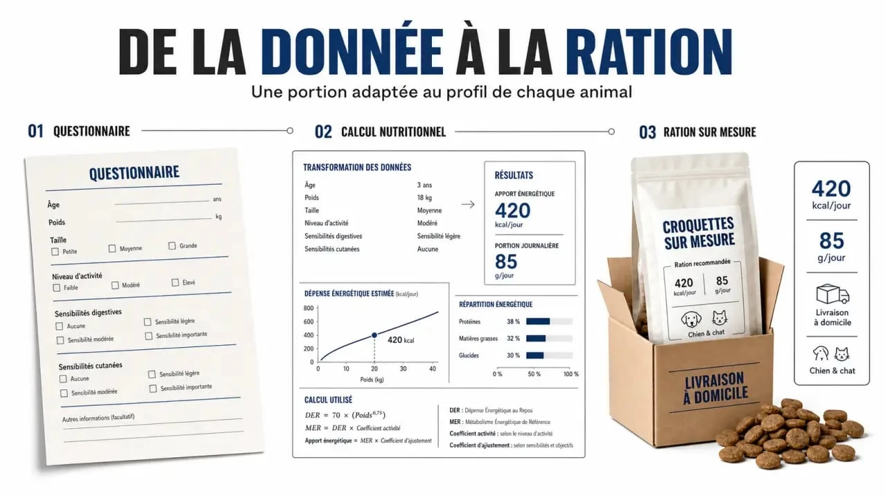 Croquette sur mesure : calcul nutritionnel, portion journalière et livraison personnalisée pour chien et chat
