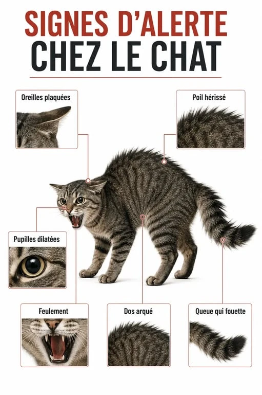 Agressivité du chat : postures et signaux d’alerte comme les oreilles plaquées, les pupilles dilatées et la queue fouettante