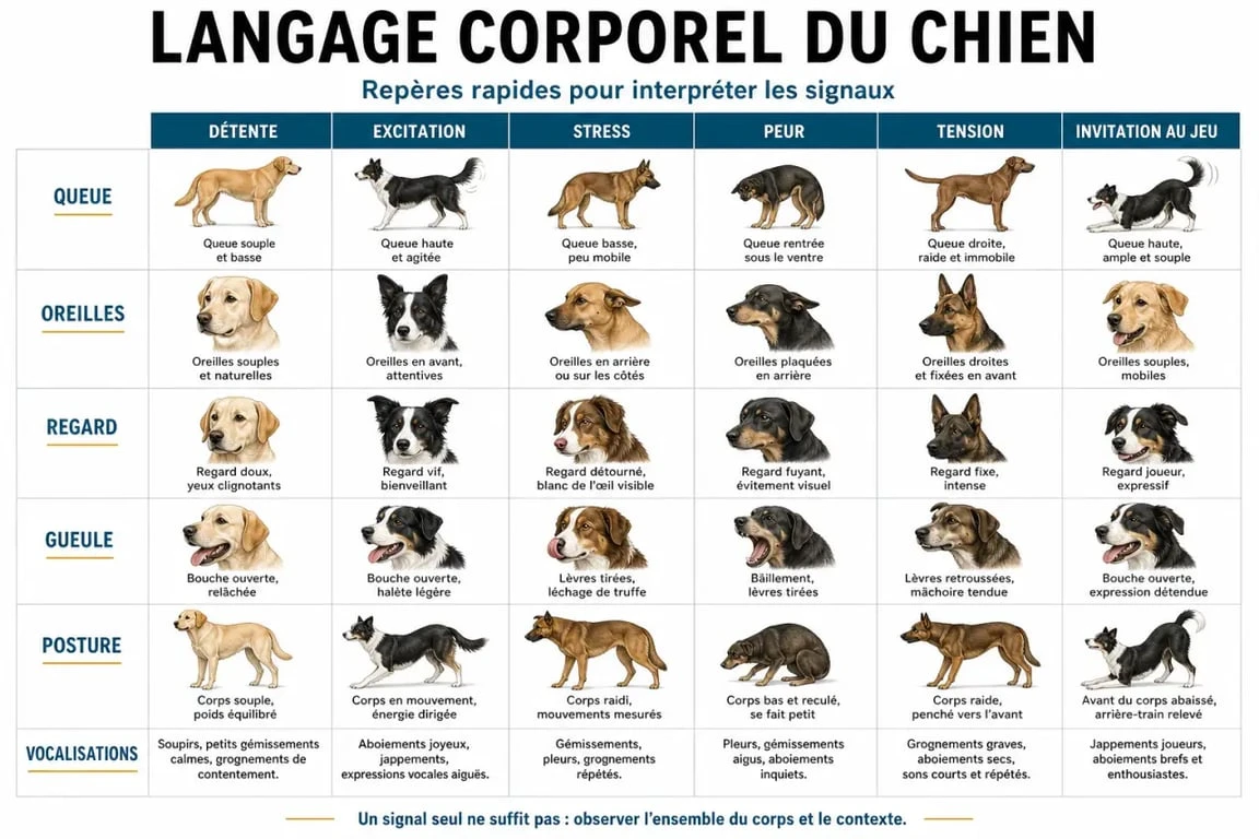 Tableau du langage du chien avec signaux de queue, oreilles, regard, posture et vocalisations