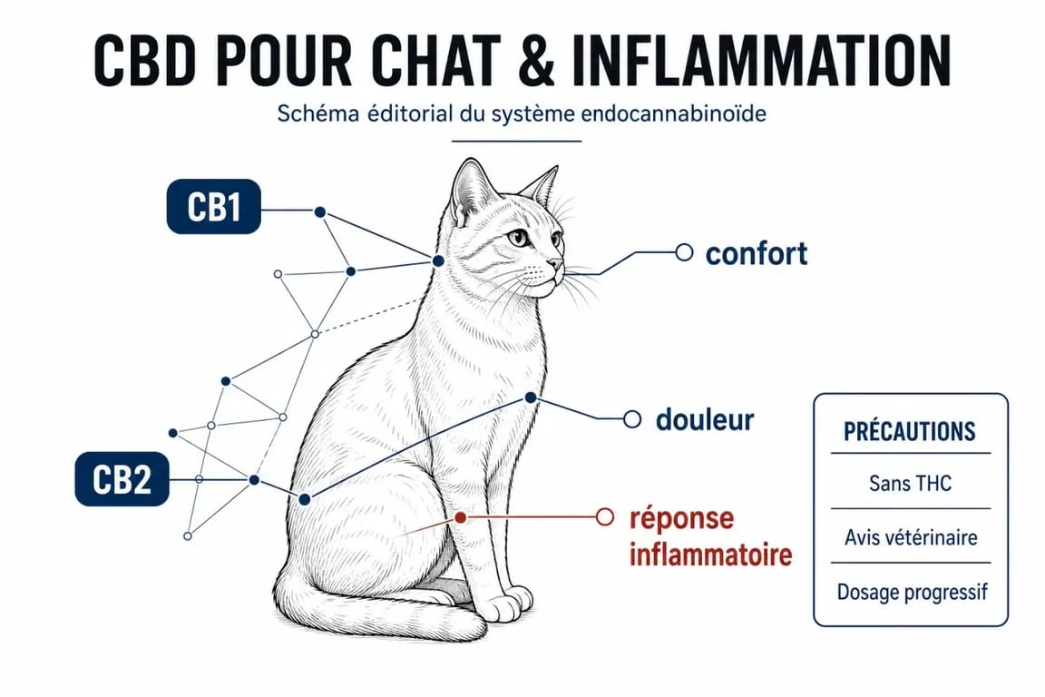 CBD chat anti-inflammatoire : schéma éditorial du système endocannabinoïde et des précautions chez le chat