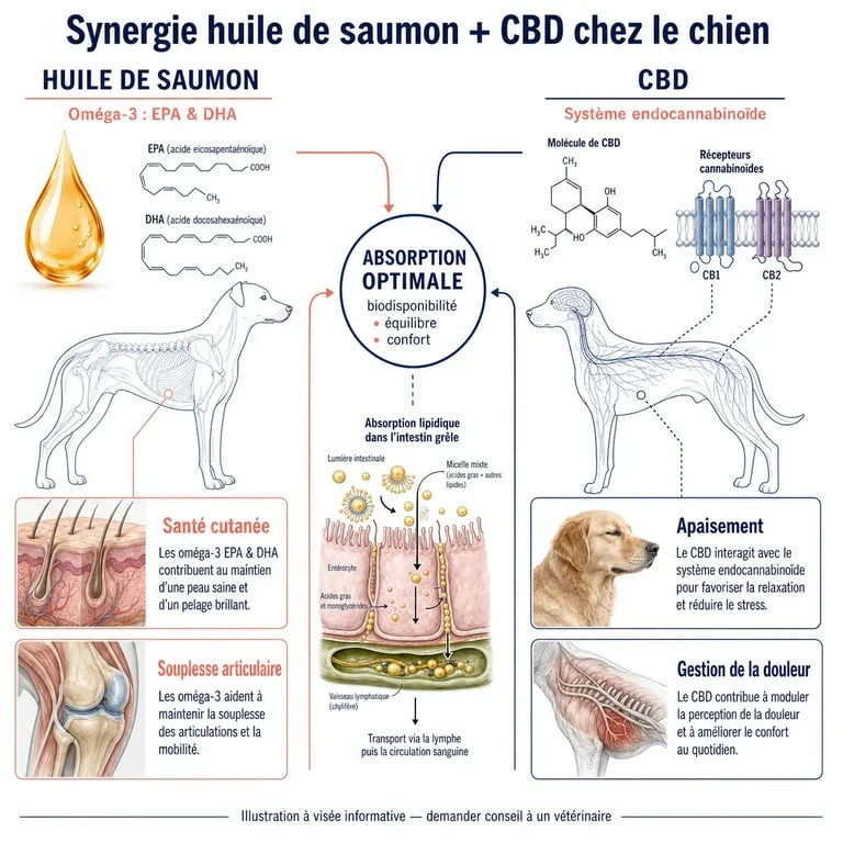 Infographie sur les bienfaits de l'huile de saumon et du CBD pour chien