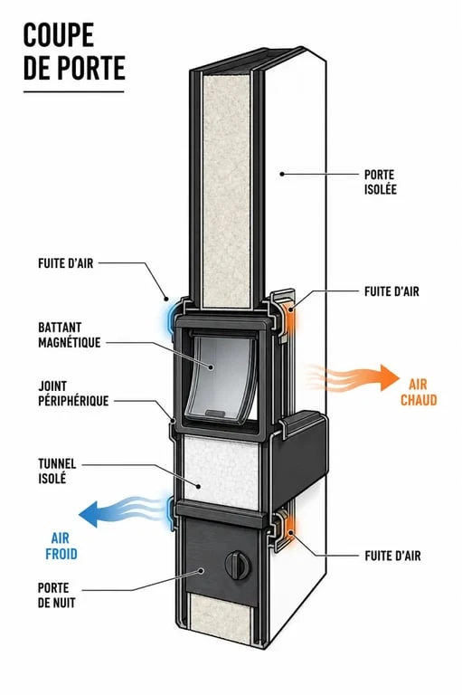 Chatière et isolation thermique : schéma des pertes de chaleur autour d’une porte et des solutions d’étanchéité