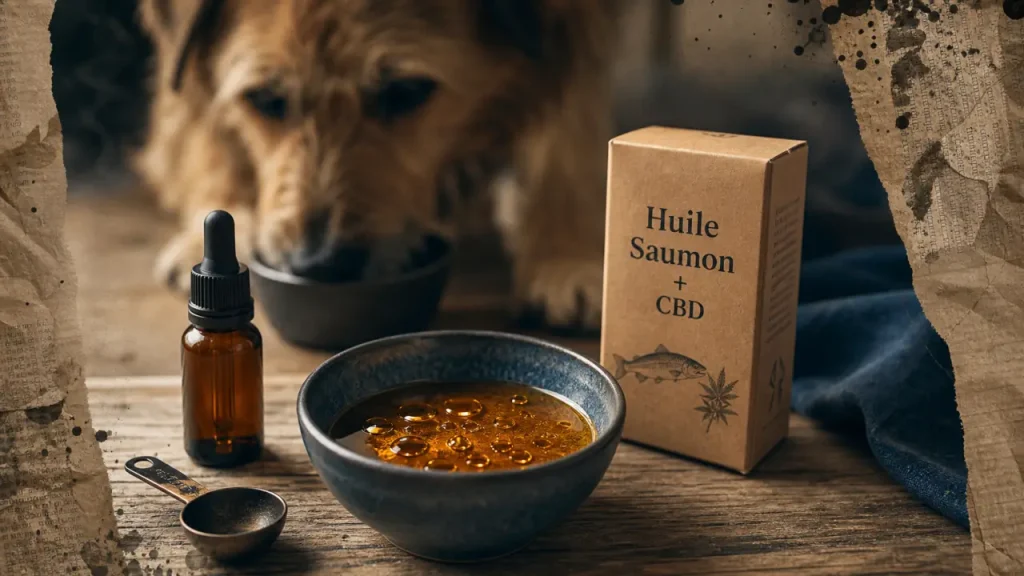 Huile de saumon cbd chien : gouttes ambrées, flacon et bol pour chien