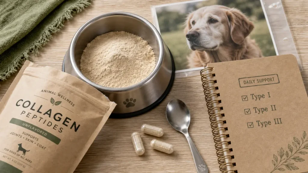 Meilleur collagène pour chien : poudre de peptides en gamelle et gélules