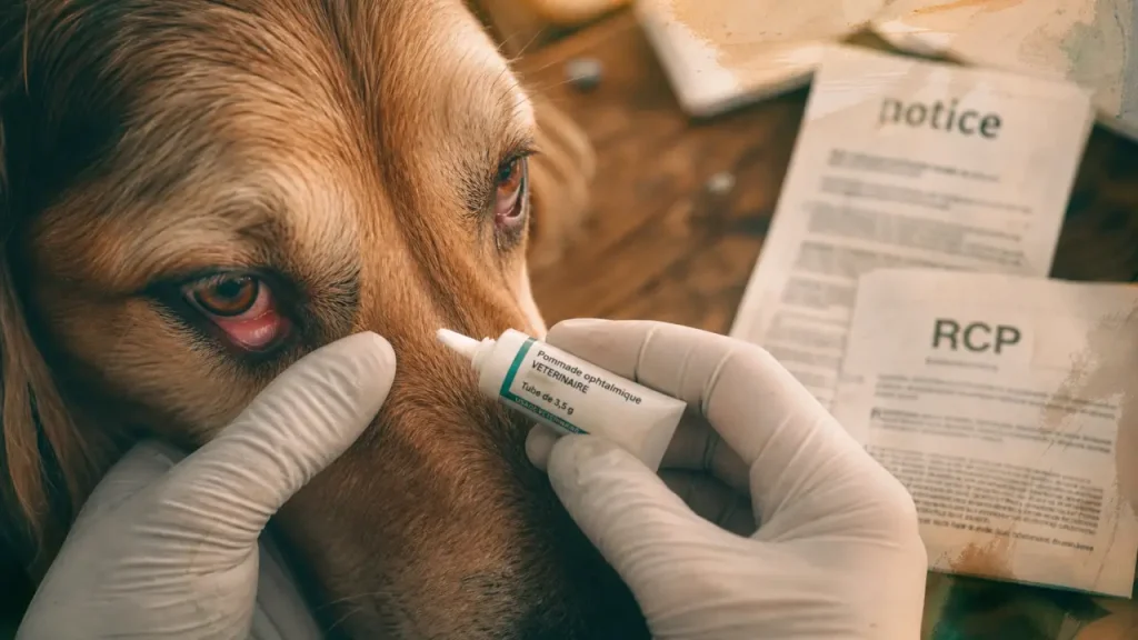 Optimmune chien sans ordonnance : pommade ophtalmique vétérinaire sur l’œil du chien