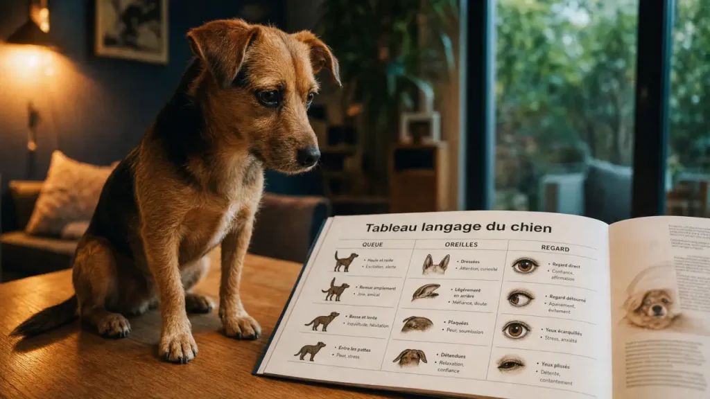 Tableau du langage du chien : queue, oreilles et regard du chien