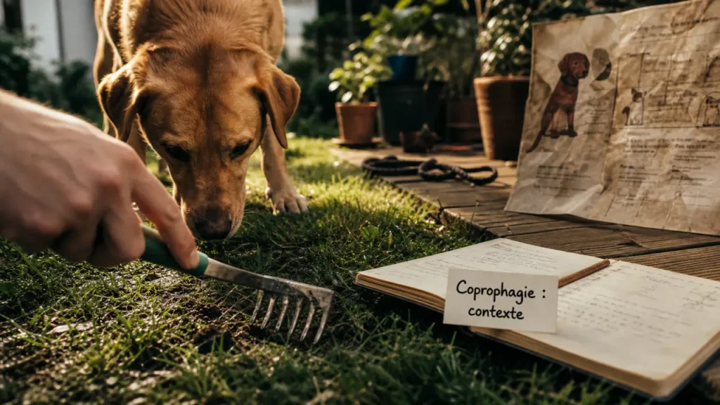 Chien qui mange du caca : main ramasse, contexte jardin