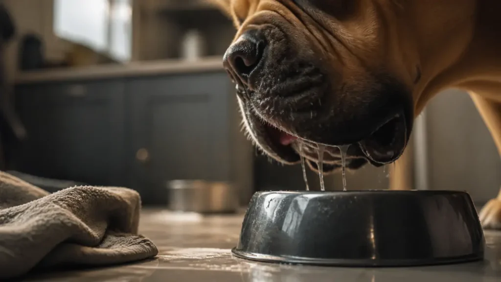Chiens qui bavent : museau avec salive près de la gamelle