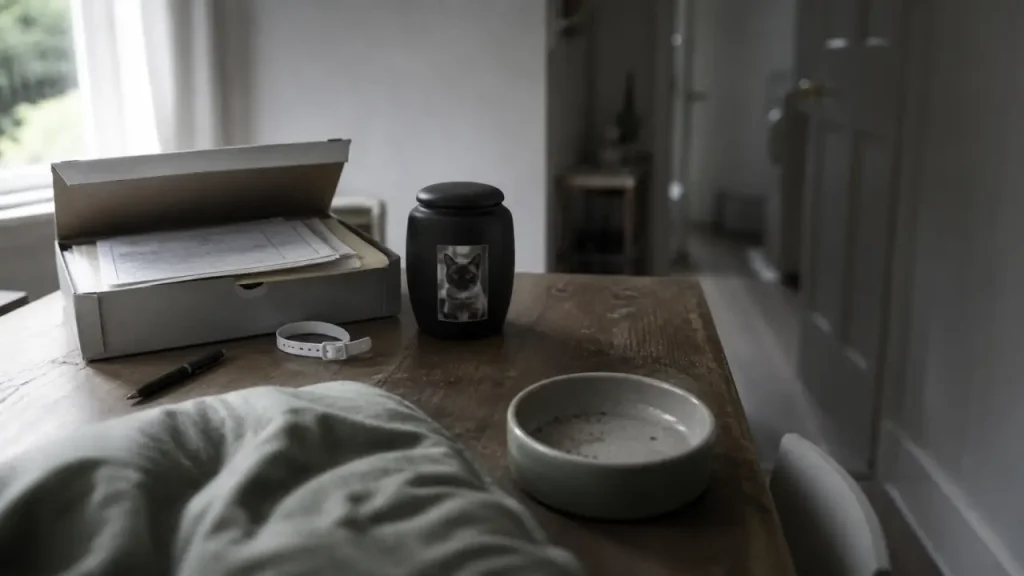 Deuil chat : urne et documents vétérinaires sur table