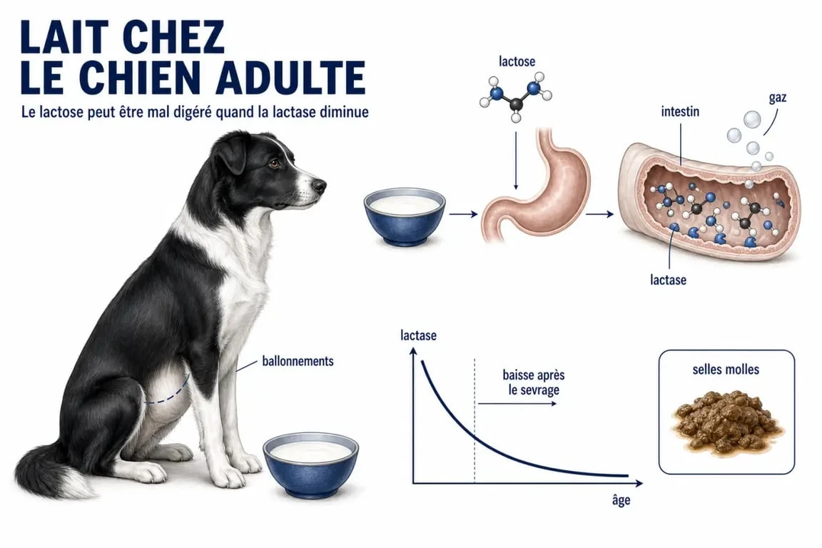 Lait chien : schéma scientifique de la digestion du lactose chez le chien adulte et des signes d’intolérance