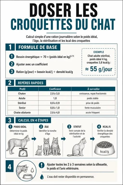 Infographie sur le dosage croquettes chat avec repères de ration selon le poids, l’âge et le mode de vie