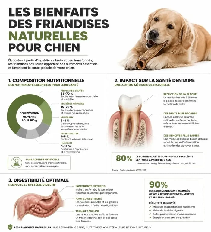 Infographie sur les bienfaits des friandises naturelles pour chien et leur impact sur la santé