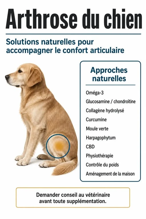 Infographie sur l’arthrose du chien traitement naturel avec solutions naturelles, compléments et mobilité