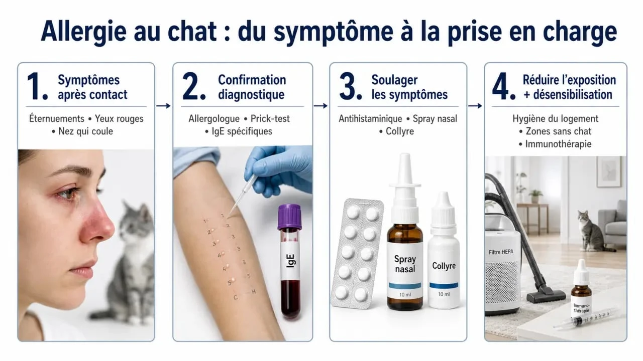 Traitement allergie aux chats : schéma du diagnostic et des solutions pour soulager les symptômes