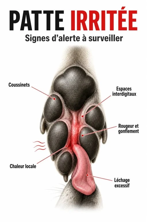 Coussinets gonflés chien : schéma de la patte avec coussinets, espaces interdigitaux et signes d’alerte