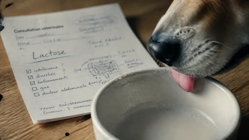 Lait chien : chien qui lèche un bol, lactose, âge et quantité