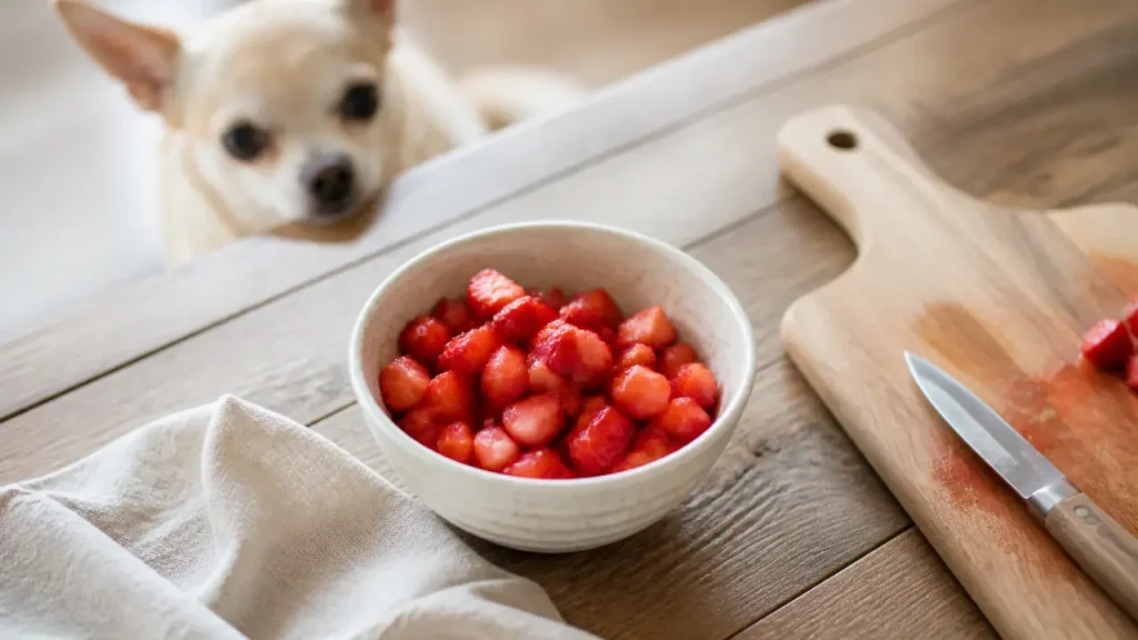 Les fraises pour les chiens : bol de fraises et chien, sans danger en petite quantité