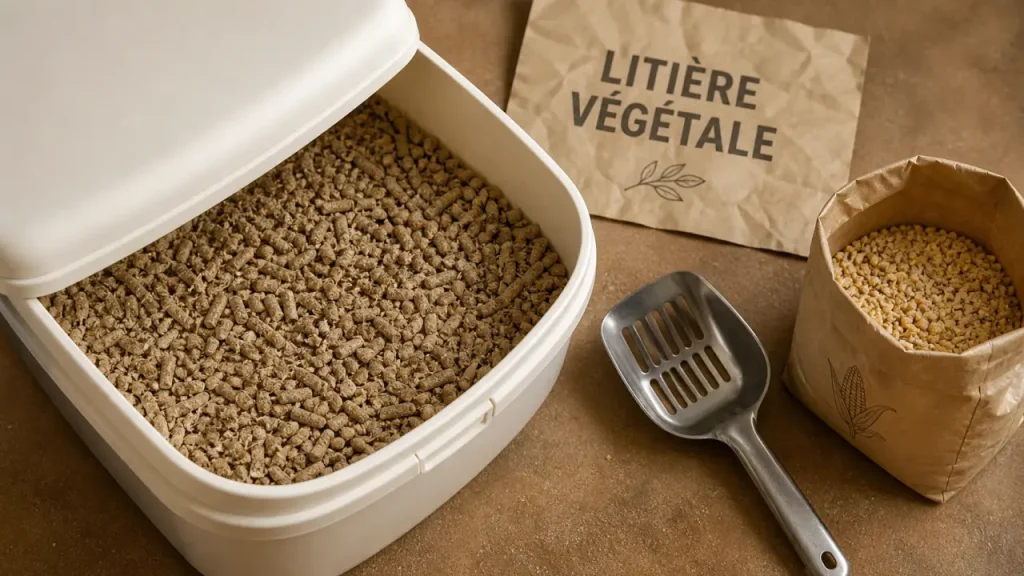 Litiere vegetale pour chat : granulés de bois et maïs, sans odeurs