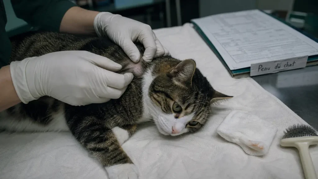 Maladie de chat peau : vétérinaire inspecte les croûtes et puces sur le pelage
