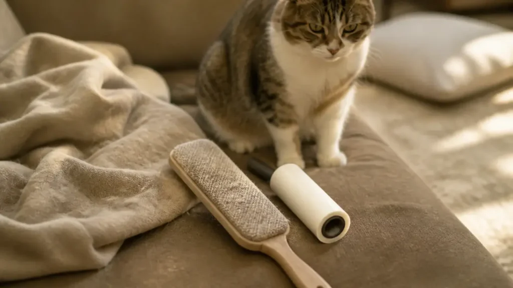Poils de chat sur canapé, brosse et rouleau anti-poils près du chat