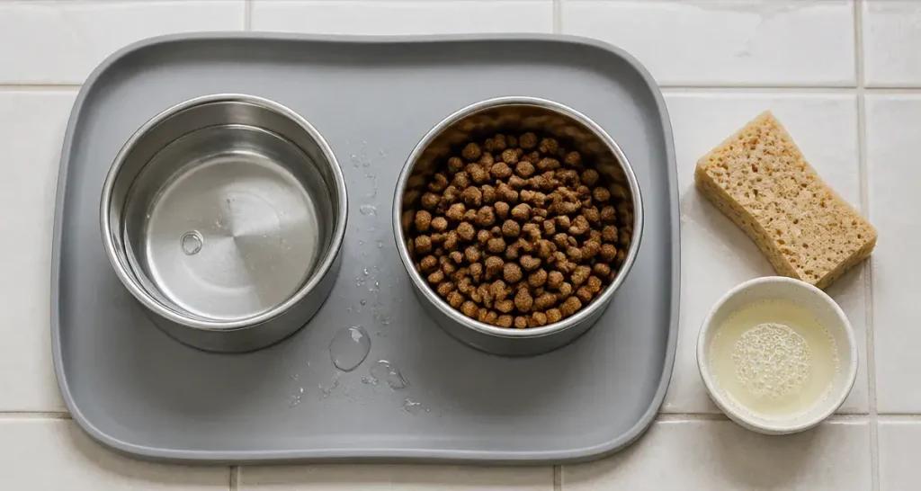 Tapis alimentation chien avec gamelles stables et sols protégés