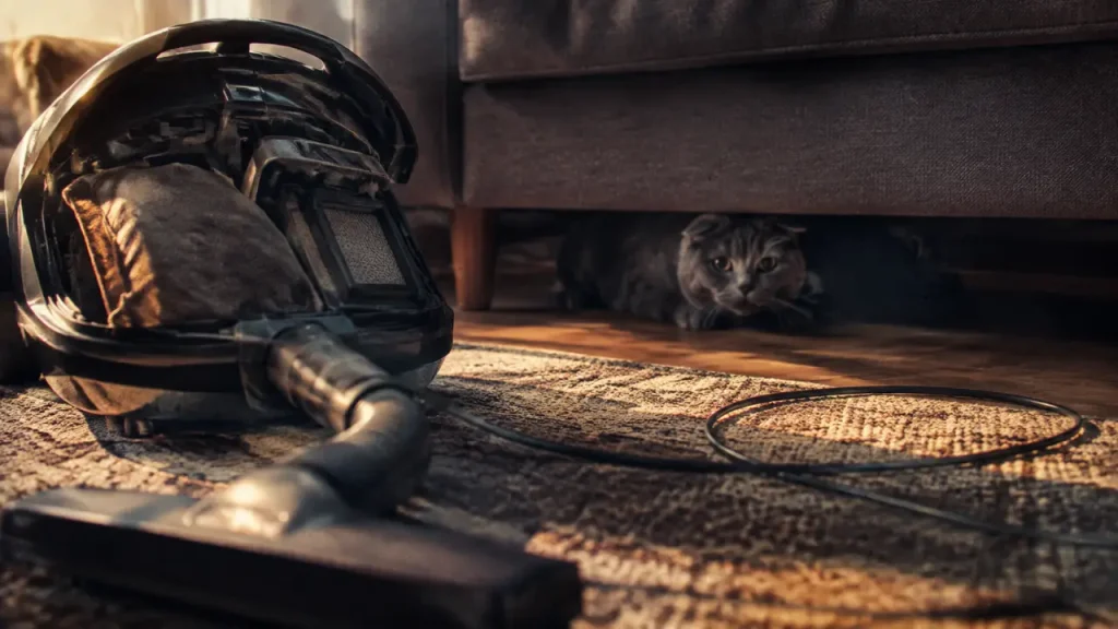 Chat gris caché face à un aspirateur bruyant