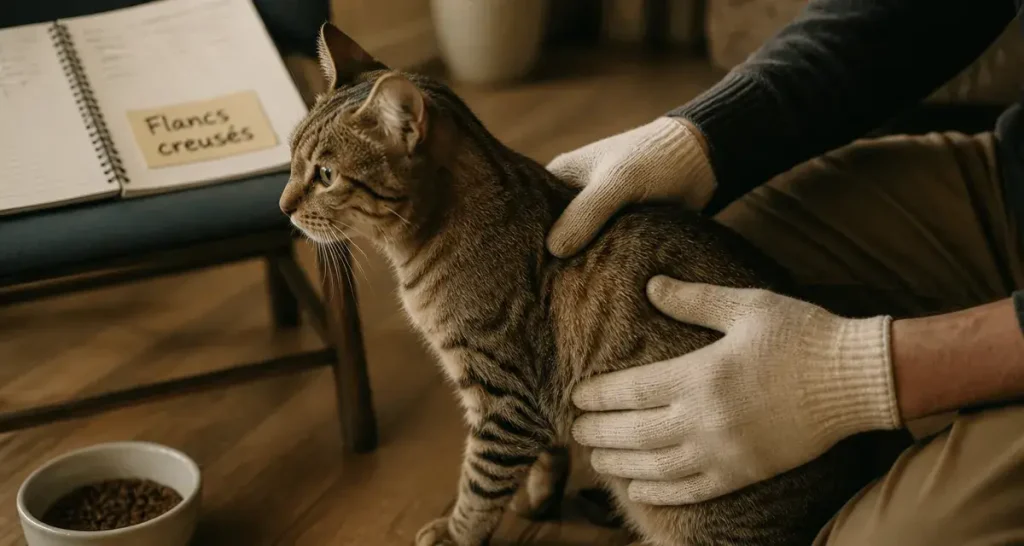 Chat flancs creusés : flanc et côtes palpés doucement