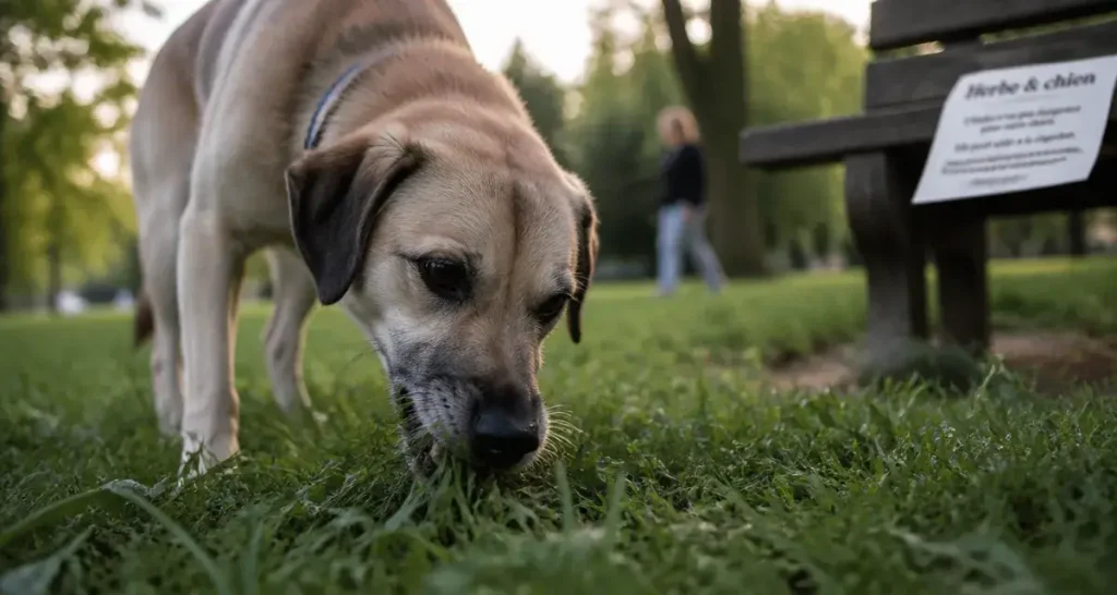 Chien qui mange de l'herbe tous les jours sur pelouse
