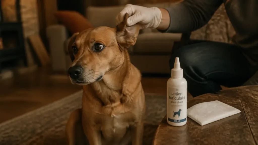 Chien qui se gratte les oreilles, application de lotion auriculaire