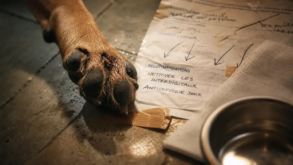 Chien qui se lèche les pattes remède naturel : patte et coussinets entre les doigts