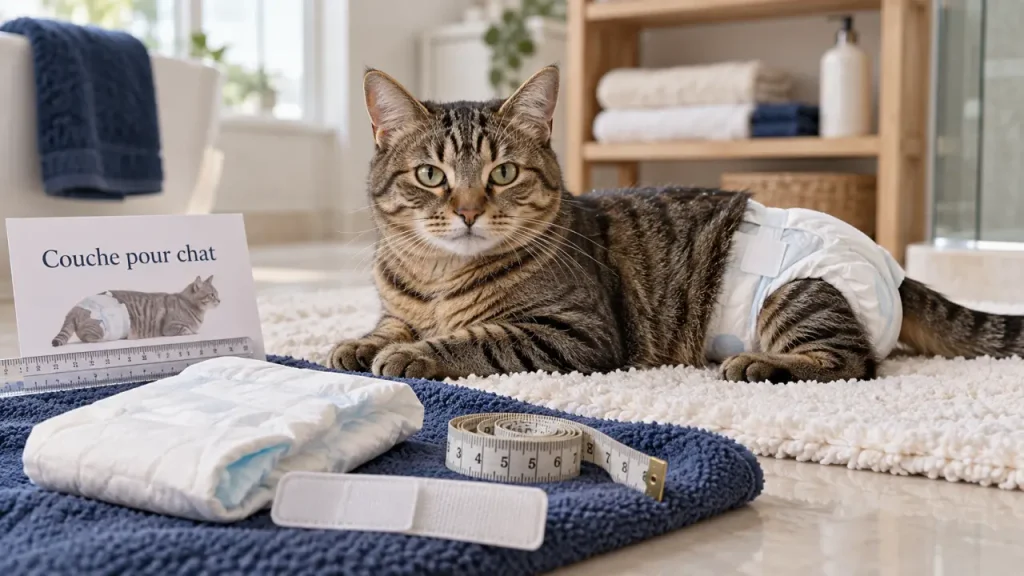 couche pour chat ajustée sur un tapis, en salle de bain lumineuse
