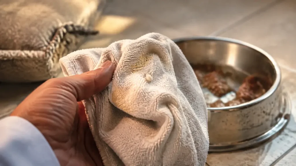 Dent de chat qui tombe : petite dent blanche trouvée sur une serviette