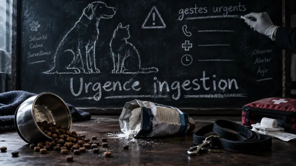 Empoisonnement chien : urgence ingestion, gamelle et produit ménager renversés