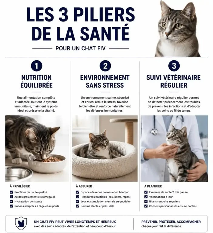Infographie sur les piliers pour booster le système immunitaire d'un chat FIV