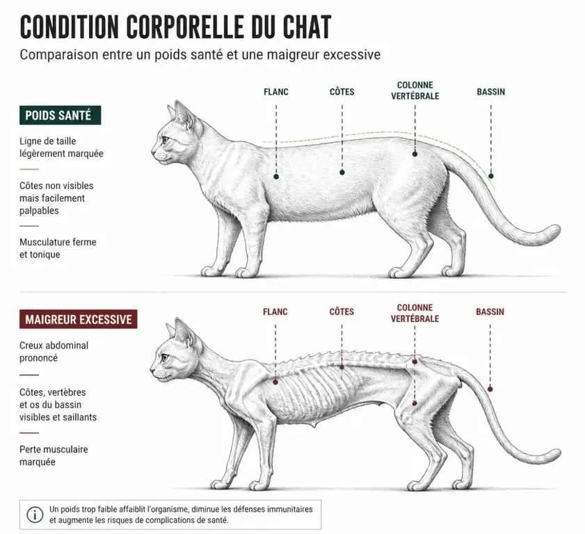 Schéma comparatif chat flancs creusés normal versus maigreur pathologique