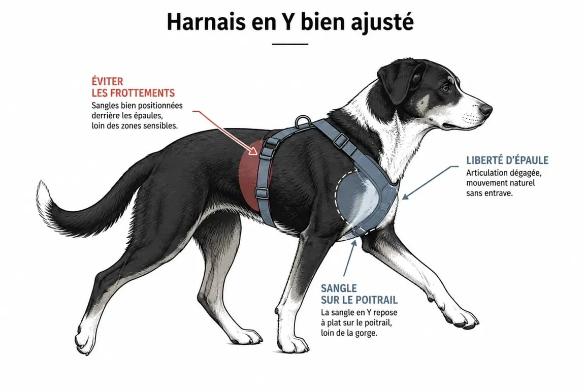 Meilleurs harnais pour chien : chien portant un harnais en Y bien ajusté, avec liberté d’épaule visible