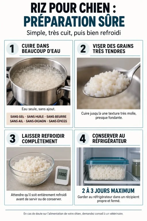 Étapes de préparation et de conservation du riz pour chien